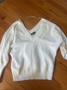 Express White V-Neck Waffle Knit off shoulder Sweater S NWT